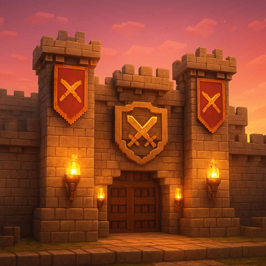 Stone fortress base with banners in Minecraft